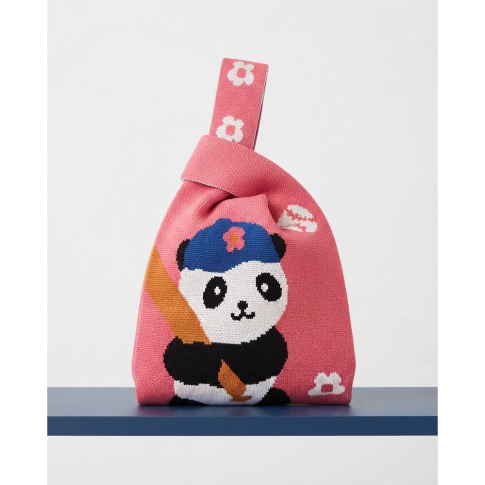 Knit Pink & White Flower Tote Bag with Baseball Panda Japanese Style